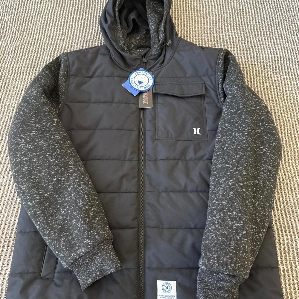Hurley Grassik Puff Jacket Mens Large Hooded Built-In Face Mask Black Grey NWT